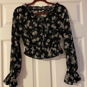 Sheer Black Floral Ruffle Blouse
